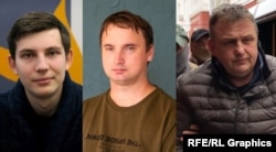 A Szabad Európa bebörtönzött újságírói (balról jobbra): Ihar Loszik, Andrej Kuznyecsik és Vladiszlav Jeszipenko