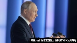 Руският президент Владимир Путин изнася годишното си обръщение към Федералното събрание в Москва, 21 февруари 2023 г.