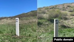 New Armenian-Azerbaijani border posts placed as a result of an Armenian land transfer to Azerbaijan, April 23, 2024.