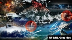 ყირიმის ნახევარკუნძულის რუკა და რუსეთის სამხედრო ობიექტები. ფოტოკოლაჟი 