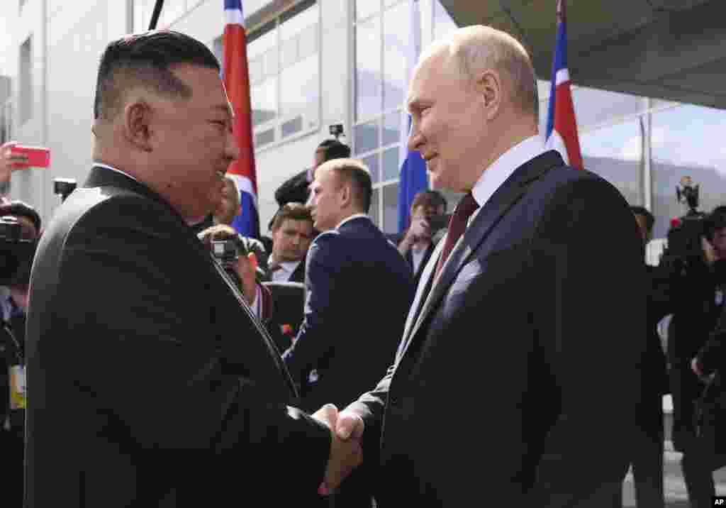 Kim and Putin shake hands during the September 13 meeting. Putin all but confirmed he would be seeking an arms deal with North Korea, responding to one question about military cooperation by saying, "We will talk about all issues without a rush. There is time." Kremlin spokesman Dmitry Peskov said on September 12 that “naturally, being neighbors, our countries cooperate in certain sensitive spheres which should not be publicly revealed or announced." 