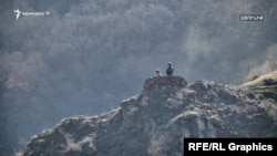 Azerbaijani border guards are seen from the Armeian village of Syunik, February 8, 2021.