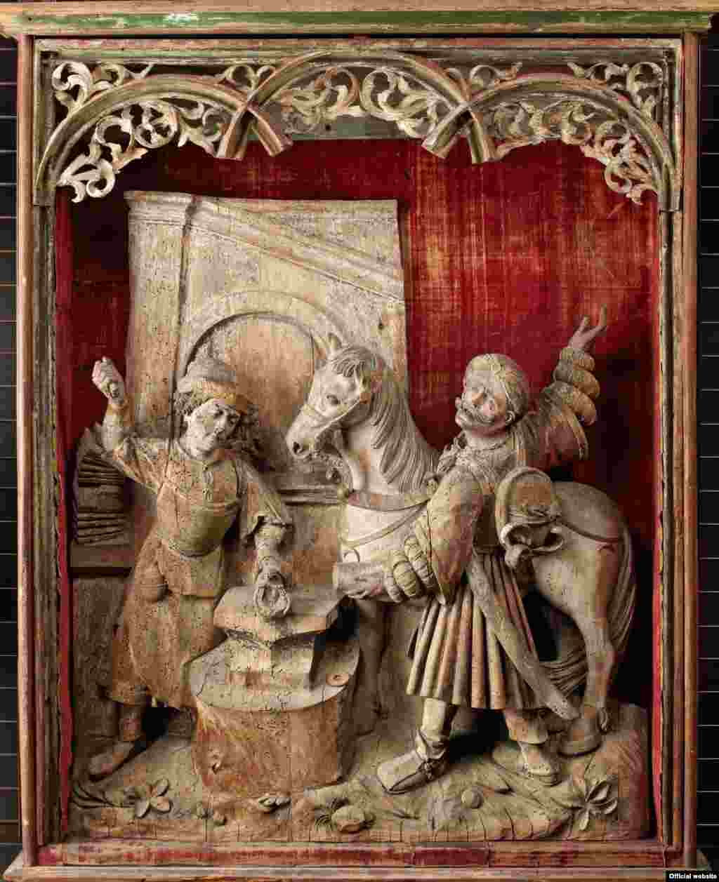 Miracolul potcovirii calului (Sf. Eligius), Suabia (Biberach an der Riß?), cca. 1520–30 (Liebieghaus Skulpturensammlung, Frankfurt am Main. Photo: Liebieghaus Skulpturensammlung – ARTOTHEK).