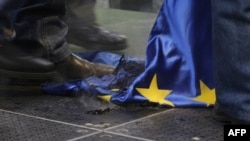 Протестувальники спалили і розтоптали прапор Європейського Союзу під час демонстрації в Будапешті, 14 січня 2012 року
