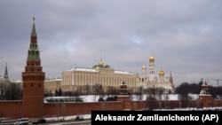 RUSSIA -- A view of Kremlin' Grand Kremlin Palace, center, Towers, Churches and frozen Moskva river in Moscow, February 14, 2018