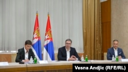 Premijerka Srbije Ana Brnabić, predsednik Aleksandar Vučić i ministar odbrane Nebojša Stefanović na sednici Saveta za nacionalnu bezbednost u Beogradu, 21. septembar 2021.