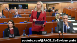 Анжэла Мельнікава выступае ў Парлямэнцкай асамблеі Рады Эўропы ў Страсбуры, 30 студзеня 2025 году.