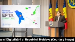 Ministrul Dezvoltării Economice și Digitalizării, Dumitru Alaiba, anunță într-un briefing de presă despre intrarea în vigoare de la 1 aprilie a acordului cu statele EFTA, Chișinău, 28 februarie 2025.