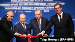 Премиерът Бойко Борисов заедно с президентите на Русия Владимир Путин, на Турция Реджеп Ердоган и на Сърбия Александър Вучич на церемонията за строителството на “Турски поток” в Истанбул през януари