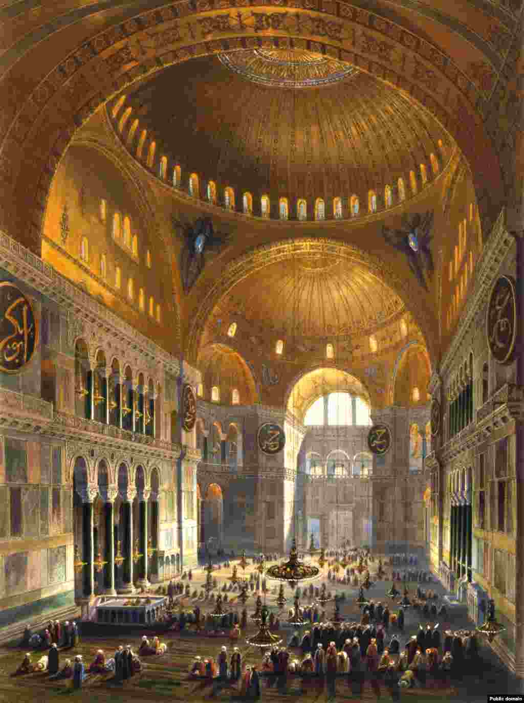 Картина от 1852 г. на мюсюлмани по време на молитва в "Света София", когато е била джамия. Близо 500 години "Света София" работи като джамия, а християнските стенописи са били покрити или унищожени.
